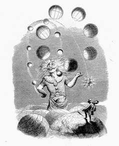A small man in the foreground watches fearfully while a larger one in the background juggles planets, both in the clouds, surrounded by worlds.