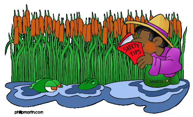 Drawing of a brown-skinned man in a hat, walking through a shallow body of water, cat-tails growing in the background. He is about to be surprised by a crocodile because 100% of his attention is on a book in front of his face: Safety Tips.